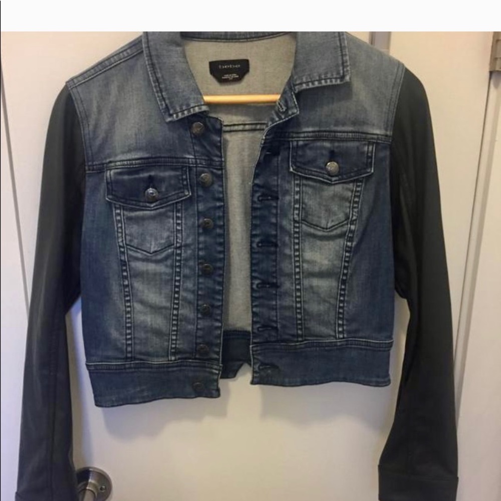 Bebe Denim jacket with leather sleeves, never worn!